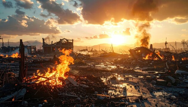 Apocalyptic Landscape At Sunset With Burning Buildings And Debris Scattered Across The Ground