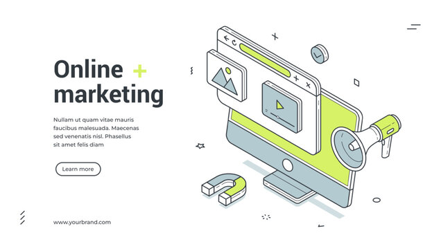 Online digital marketing internet advertising isometric web banner design template vector illustration. Cyberspace advertisement megaphone promo social media network announcement technology