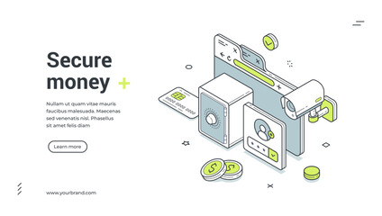 Money secure banking account protection isometric web banner design template vector illustration. Financial bank security user confidential information safety access authentication identification