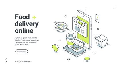 Food delivery online service menu mobile app isometric web banner design template vector illustration. Meal dish cafe restaurant shipping cuisine kitchen gourmet commercial digital technology