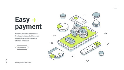 Easy payment digital wallet online banking isometric web banner design template vector illustration. Financial bank mobile application shopping paying money transfer commercial transaction