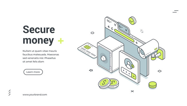Money secure banking account protection isometric web banner design template vector illustration. Financial bank security user confidential information safety access authentication identification