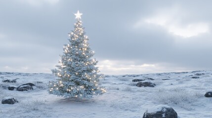 Snowy Christmas Tree with Star Topper in Winter Landscape: Holiday Celebration and Festive Atmosphere