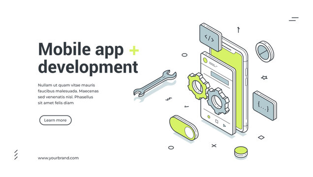 Mobile app development software programming isometric web banner design template vector illustration. Smartphone application engineering information technology platform interface profile construction
