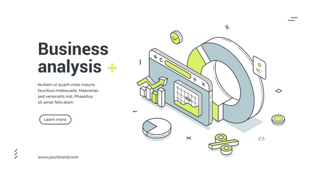 Business analysis productivity efficiency control isometric web banner design template vector illustration. Commercial analyzing statistic chart diagram financial management research optimization