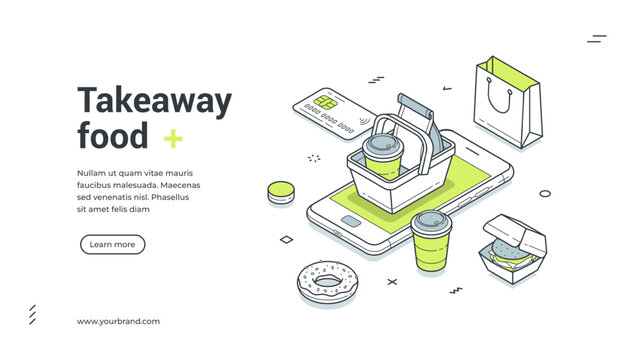 Takeaway food delivery service mobile app isometric web banner design template vector illustration. Meal dish cafe restaurant menu digital e business commercial shipping smartphone application