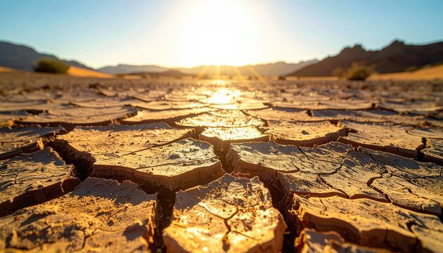 Arid desert landscape under a bright golden sun with cracked dry earth in the foreground and distant hills under a clear blue sky capturing the essence of drought and extreme climate conditions