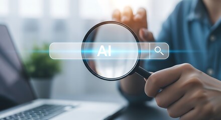 Exploring artificial intelligence concepts online with a magnifying glass over a digital search bar