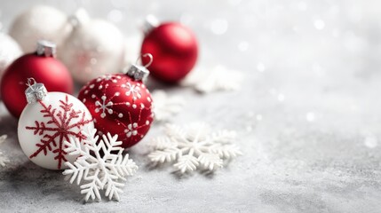Festive Christmas Ornaments: Red and White Decorations on a Textured Background for Holiday Season Projects