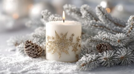 Festive Candle with Snowflake Ornament and Pine Branch, Decorative Holiday Still Life Composition