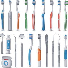 Create a kinds of deferent 3d render of toothbrush with dental tools concept..vector art with white background