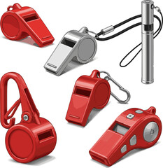 Create a kinds of deferent 3d render of red whistle sport tools. vector art with white background.