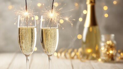 Festive Champagne Celebration: Two Glasses with Sparklers and Sparkling Lights for New Year's Eve