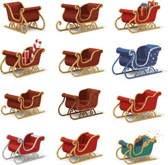 Create a kinds of deferent 3d render santa sleigh vector art with white background.