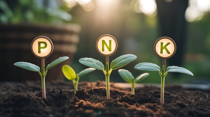 Young green plants growing in fertile soil with NPK nutrient icons for healthy agriculture and gardening