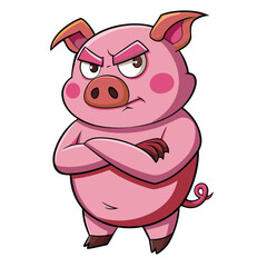 Fototapeta premium Cartoon angry pig standing with arms crossed isolated on white background