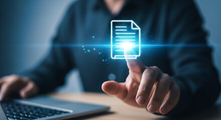 Professional interacting with secure digital document management system, highlighting efficient electronic file organization and data access technology