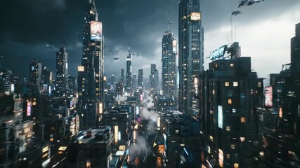 A narrow, futuristic city street with hovercraft. Tall buildings flank the rain-slicked road; neon signs glow in the dim light - Powered by Adobe