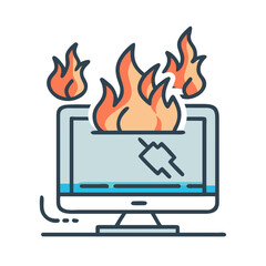 Computer on fire with flames, representing digital overheating and stress, 
