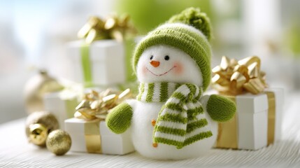 Festive Snowman Decoration with Gift Boxes, Gold Bows, Green Accents, for Christmas and Winter Holidays