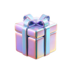 Iridescent gift box with a ribbon a holographic 3d render on transparent background