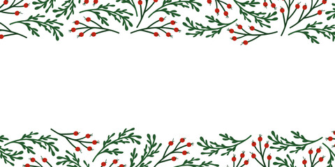 Christmas floral frame with green branch and red berry forming a festive border on a white background in flat style. © Iryna