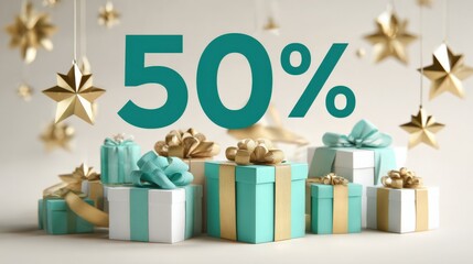 Festive 50 Percent Off Promotion with Gift Boxes and Star Ornaments for Holiday Shopping