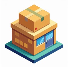 Isometric View Illustration of Parcel Delivery Building with Boxes on White Background