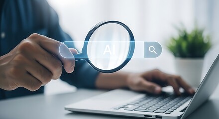 Person using magnifying glass to search for AI on laptop, representing artificial intelligence and technology