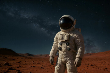 Naklejka premium Astronaut exploring the surface of Mars under a starry night sky