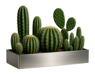 Faux cacti arrangement in a metal trough for a modern apartment balcony.