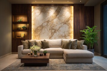 Obraz premium Marble wall with lighting and sofa. Generative AI