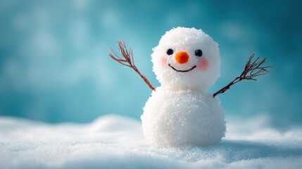 Adorable Snowman with Cheerful Smile Standing in Fresh Snow, Winter Season Holiday Celebration Concept