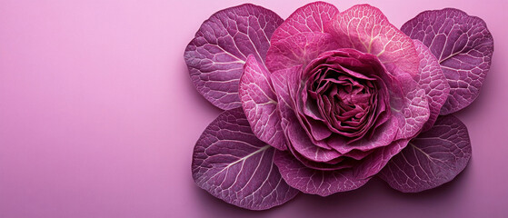 A close-up of a juicy purple cabbage head on a pink background highlights the texture and color of the vegetable. Suitable for culinary blogs, healthy eating advertisements, and food packaging design.