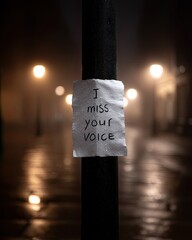 I miss your voice note on streetlight – emotional concept of loneliness and longing, cinematic night photography showing handwritten I miss your voice message in soft nostalgic light