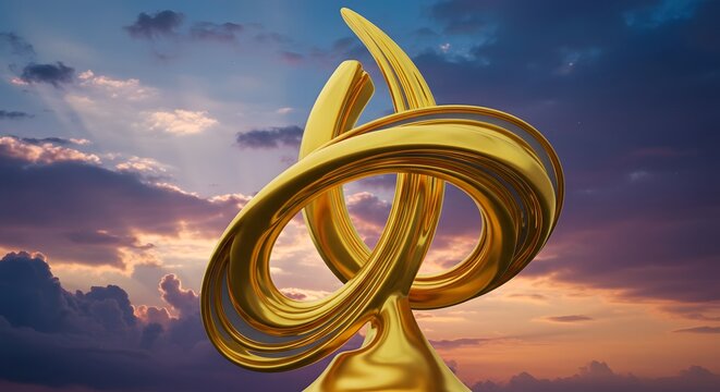 A golden abstract monument shaped like a falaj canal