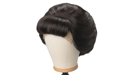 A dark brown wig is styled on a mannequin head.