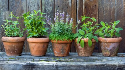Four pots with green plants on a wooden background emphasize the beauty of home gardening and comfort.
Useful for blogs about gardening, eco-friendly lifestyles, and interior design.