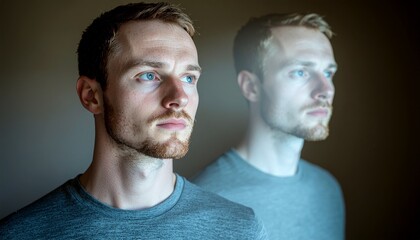 Portrait of a man looking forward with reflection beside him, symbolizing introspection, dual identity, and emotional depth. Minimalist composition with soft lighting and artistic tone.