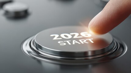 Starting 2026: Close-up of a Finger Pressing a Button with Future Year Indication, Symbolizing New Beginnings