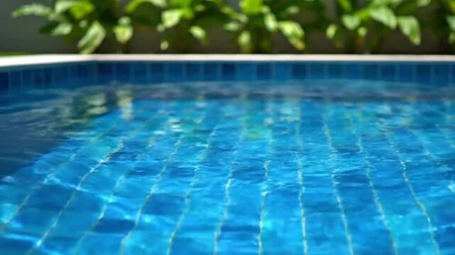 Clear blue swimming pool water with sunlight reflections and tropical plants 
