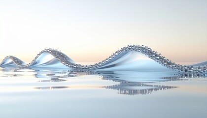 Elegant 3D render of smooth crystal-like water waves reflecting soft sunlight, symbolizing purity, energy flow, and balance. Minimalist composition for wellness and nature concepts.