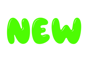 Cheerful, bubble "NEW" lettering in vibrant lime green, featuring a fun, glossy cartoon style. Ideal for product launches or lively promotional banners. Vector on a transparent background.