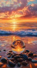 A crystal ball on the beach, with pebbles and waves in front of it