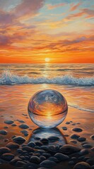 A crystal ball on the beach, with pebbles and waves in front of it