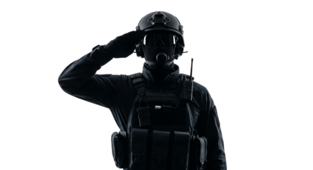 Soldier in tactical gear saluting against black background