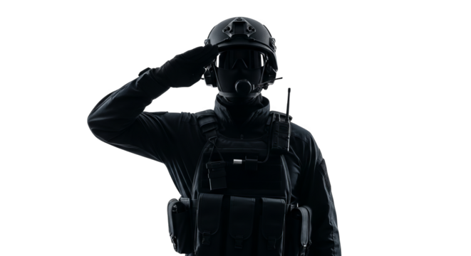 Soldier in tactical gear saluting against black background