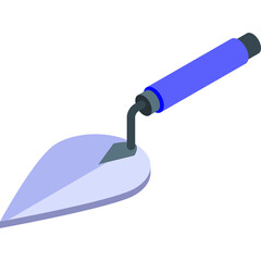 A blue and purple isometric trowel tool on a white background with a transparent background effect symbolizing construction and repair work.