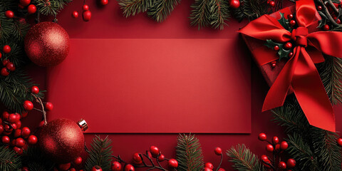 Christmas gift certificate mockup featuring ample copy space, surrounded by festive decorations like pine branches, red berries, and ornaments, creating an elegant holiday atmosphere