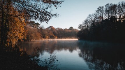 Serene reflection on calm river surrounded by autumn foliage in early morning light